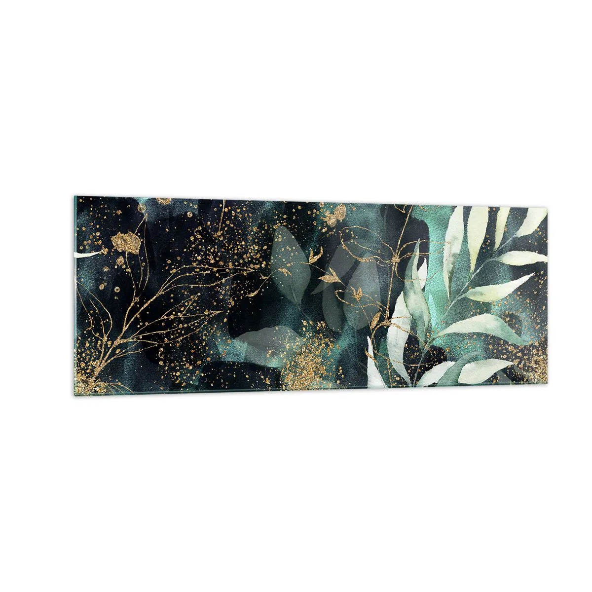 Impression sur verre - Image sur verre - Feuilles élégantes sur un fond sombre avec des accents dorés - 140x50cm - Jardin magique - Décoration murale moderne pour le salon et la chambre ARTTOR