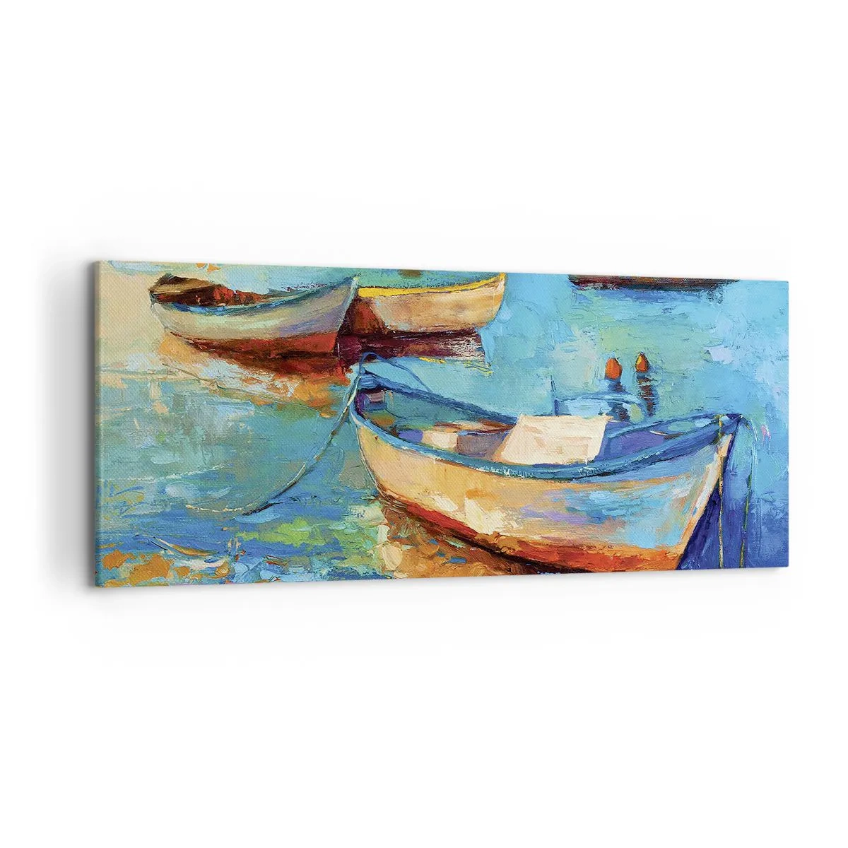 Impression sur toile - Image sur toile - Bateaux colorés amarrés sur une eau calme - 120x50cm - Dans la baie du sud - Décoration murale moderne pour le salon et la chambre ARTTOR