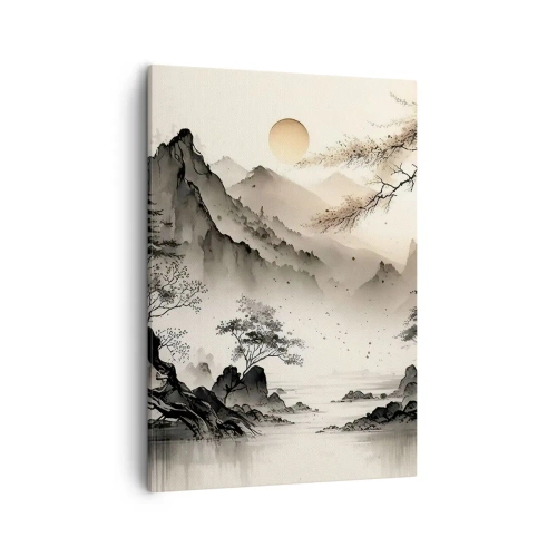 Impression sur toile - Image sur toile - Un paysage oriental avec des montagnes et une pagode aux nuances délicates. - 50x70cm - Le charme unique de l'Orient - Décoration murale moderne pour le salon et la chambre ARTTOR