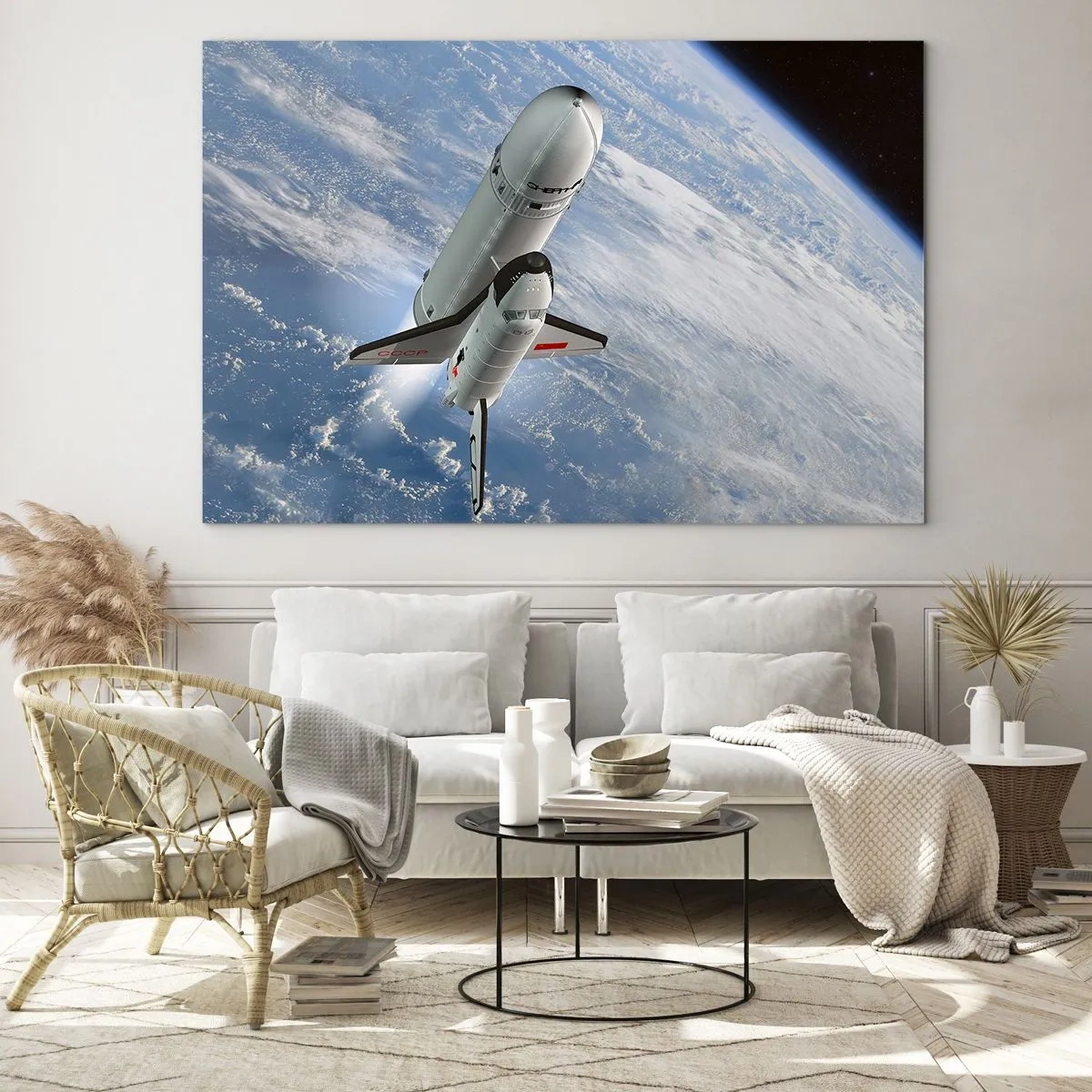 Impression sur verre - Image sur verre - Une navette spatiale décollant dans l'espace avec la Terre en arrière-plan. - 70x50cm - Ascension cosmique - Décoration murale moderne pour le salon et la chambre ARTTOR