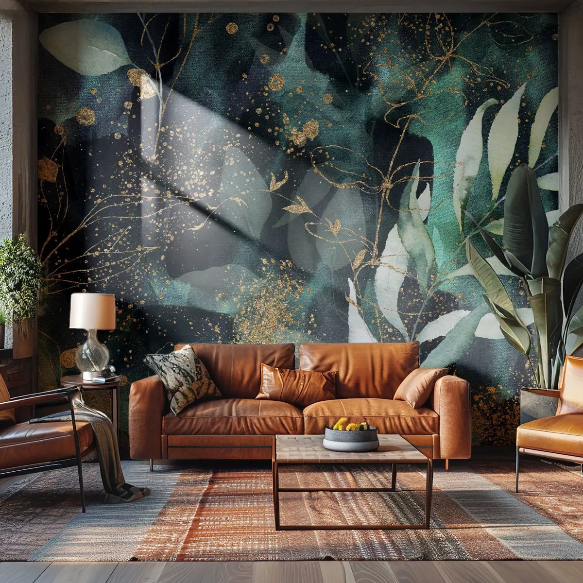 Papier Peint Photo Premium Sand - Feuilles vertes et accents dorés sur un fond sombre et glamour - 100x70cm - Jardin magique - Décoration murale moderne pour le salon et la chambre ARTTOR