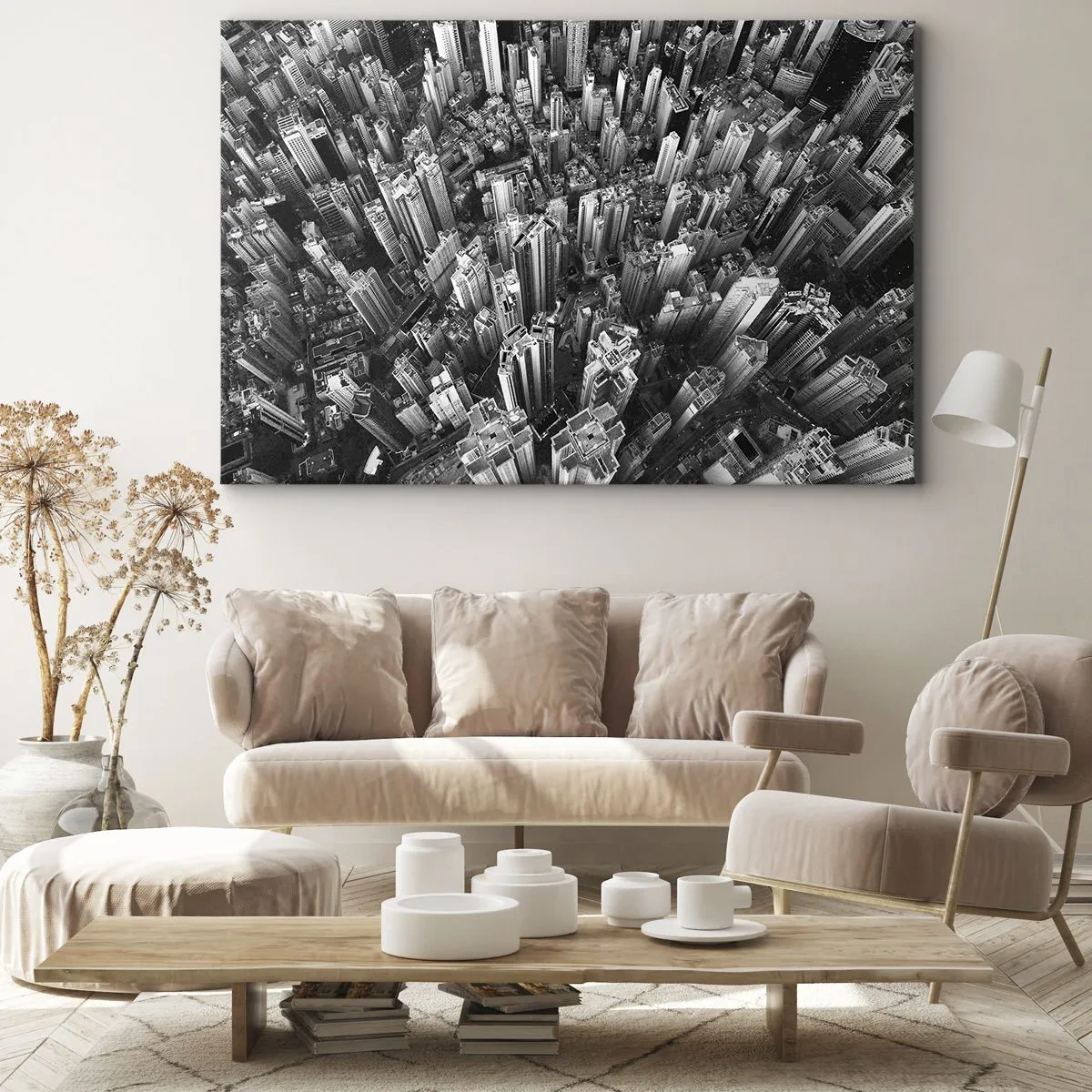 Impression sur toile - Image sur toile - Vue aérienne de la ville en noir et blanc - 120x80cm - Toujours de plus en plus haut - Décoration murale moderne pour le salon et la chambre ARTTOR