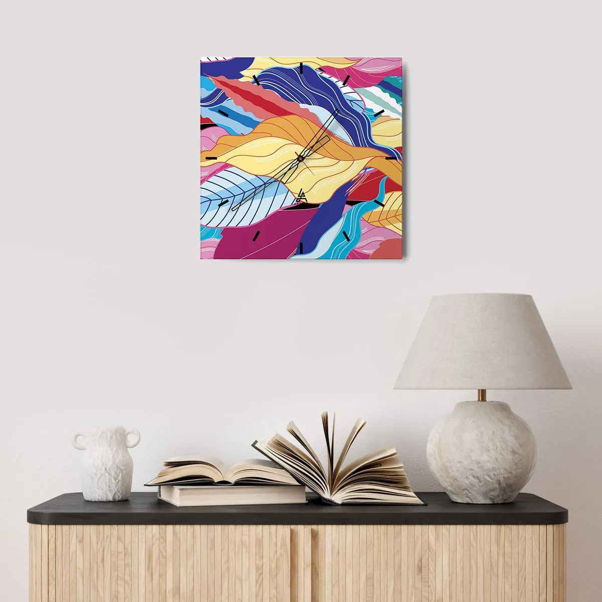 Horloge murale - Pendule murale - Des feuilles aux couleurs vives créent une composition dynamique - 30x30cm - Un désordre coloré - Décoration murale moderne pour le salon et la chambre ARTTOR