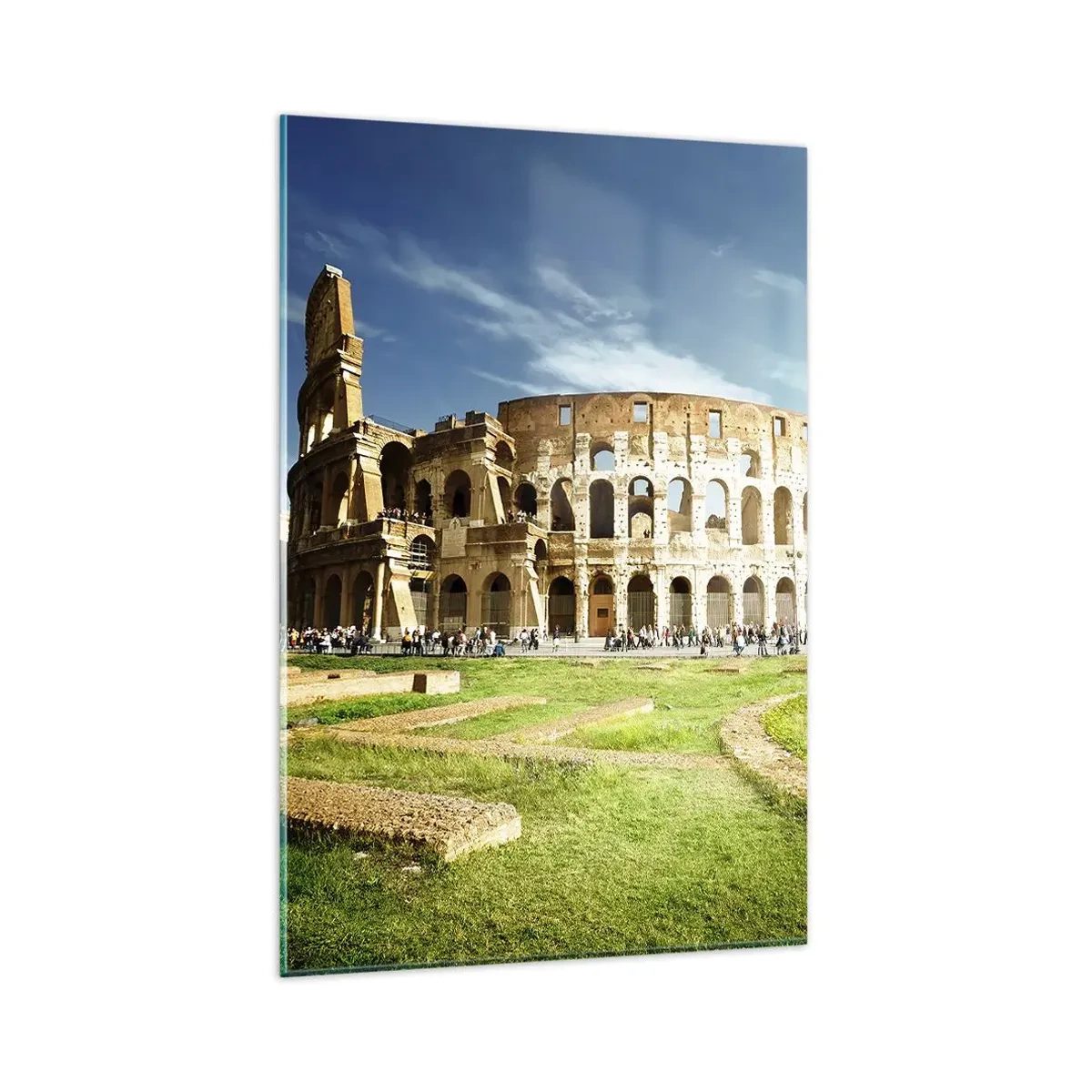 Impression sur verre - Image sur verre - Le Colisée de Rome entouré de verdure et de ciel bleu - 80x120cm - On entend encore la détonation de l'arme - Décoration murale moderne pour le salon et la chambre ARTTOR