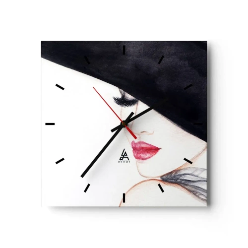 Horloge murale - Pendule murale - Une illustration subtile d'une femme portant un chapeau noir et des lèvres rouges - 30x30cm - Élégance et sensualité - Décoration murale moderne pour le salon et la chambre ARTTOR