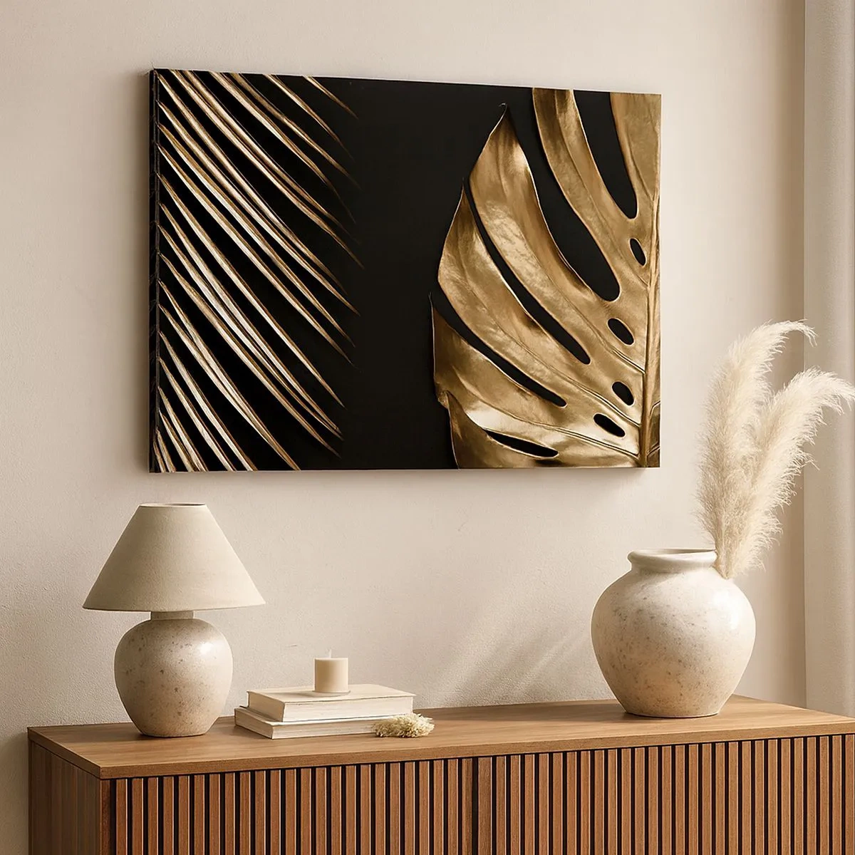 Impression sur toile - Image sur toile - Feuilles dorées sur fond noir - 70x50cm - Différent et tout aussi cher - Décoration murale moderne pour le salon et la chambre ARTTOR