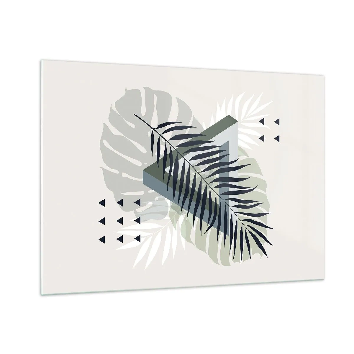 Impression sur verre - Image sur verre - Une composition de feuilles géométriques modernes - 100x70cm - Nature et géométrie - deux odres? - Décoration murale moderne pour le salon et la chambre ARTTOR