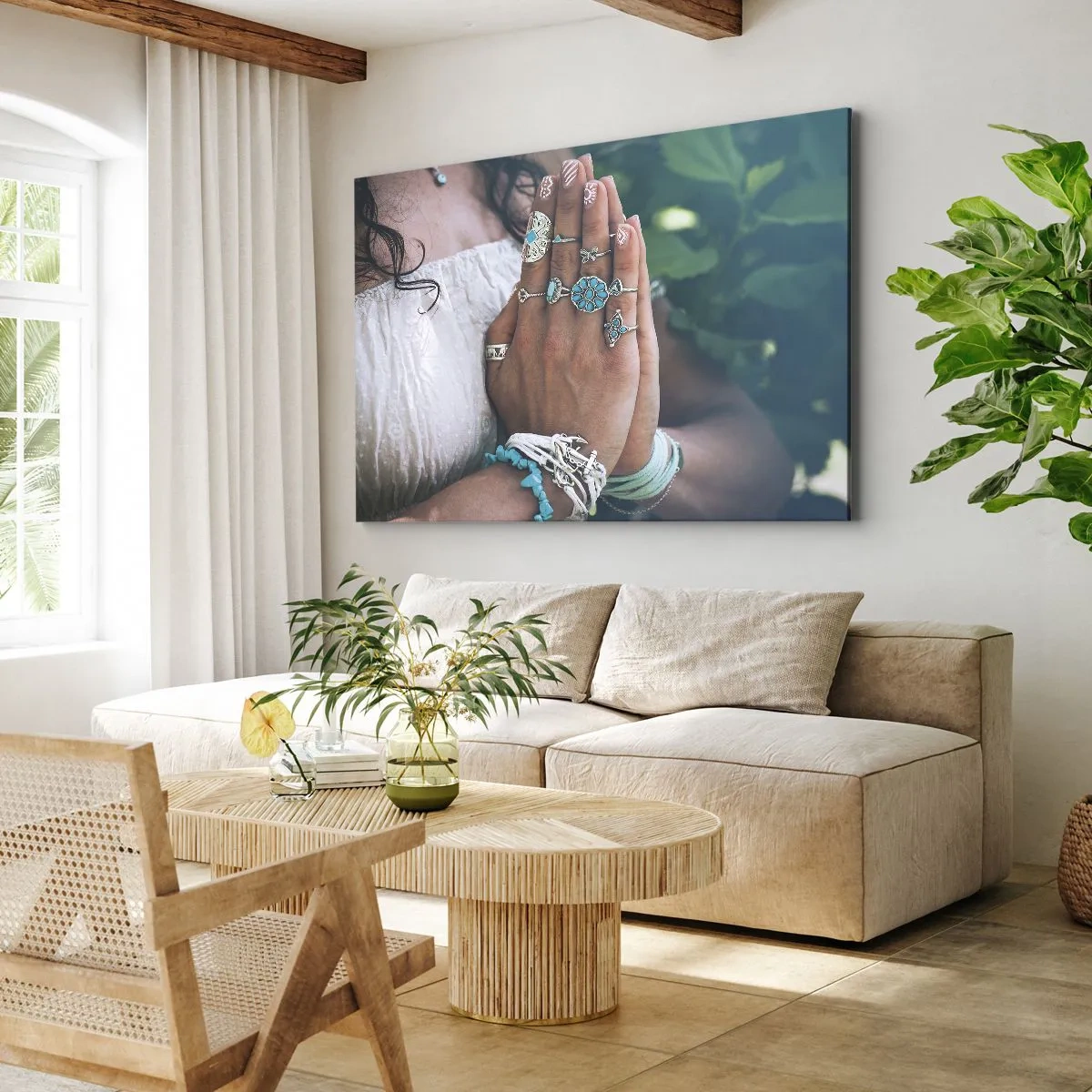 Impression sur toile - Image sur toile - Mains décorées de bijoux bohèmes - 70x50cm - Bienvenue au centre du bien-être - Décoration murale moderne pour le salon et la chambre ARTTOR