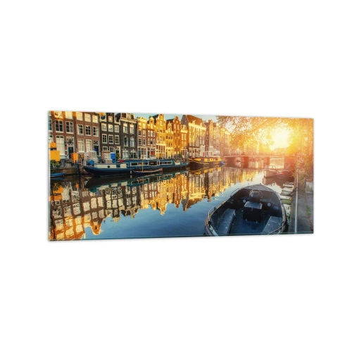 Impression sur verre - Image sur verre - Canal d'Amsterdam au coucher du soleil - 120x50cm - Début de journée à Amsterdam - Décoration murale moderne pour le salon et la chambre ARTTOR
