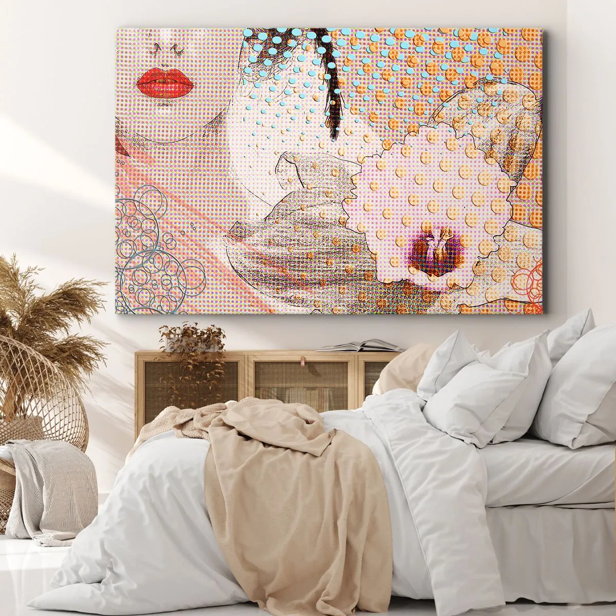 Impression sur toile - Image sur toile - Œuvre d'art abstraite avec un motif de bouche et d'orchidée - 100x70cm - Héroïne de bande dessinée - Décoration murale moderne pour le salon et la chambre ARTTOR