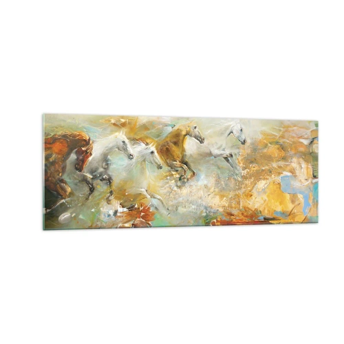 Impression sur verre - Image sur verre - Des chevaux artistiques dans un cadre dynamique et coloré - 140x50cm - Au galop vers la lumière - Décoration murale moderne pour le salon et la chambre ARTTOR