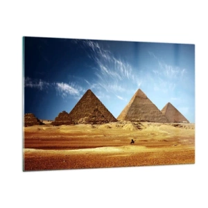 Impression sur verre - Image sur verre - Les pyramides de Gizeh contre le ciel bleu - 120x80cm - 40 siècles vous regardent - Décoration murale moderne pour le salon et la chambre ARTTOR