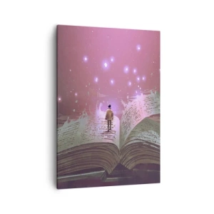 Impression sur toile - Image sur toile - Une silhouette marche sur un livre ouvert dans une lumière magique. - 50x70cm - Invitation à un autre monde - lisez ! - Décoration murale moderne pour le salon et la chambre ARTTOR