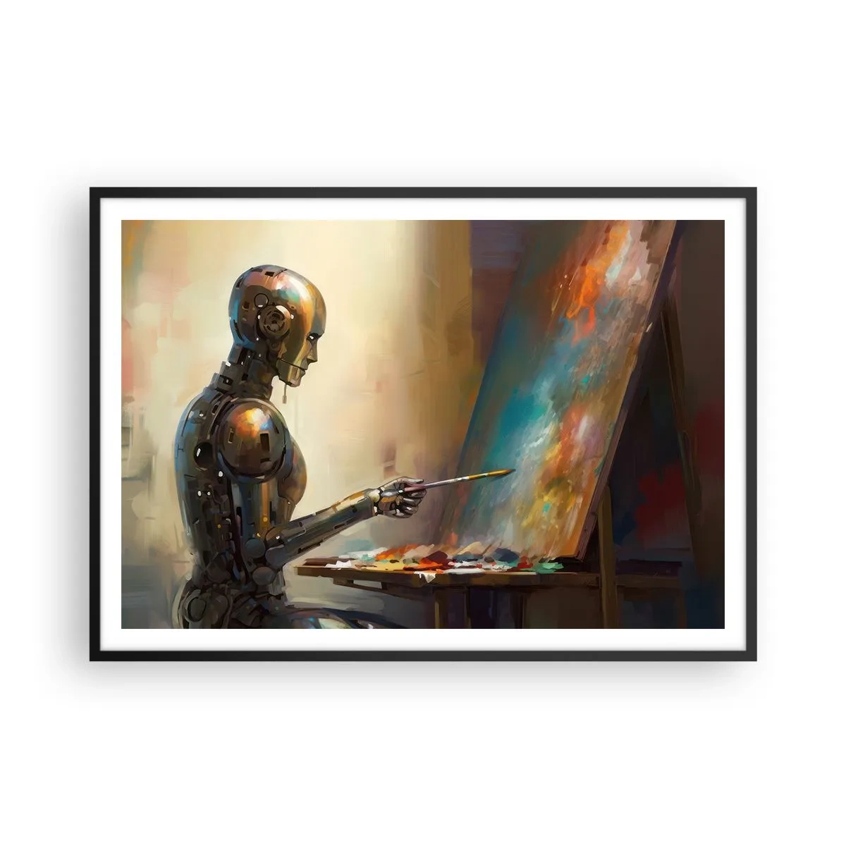 Affiche dans un cadre noir - Poster - Un robot peignant sur une toile dans un style artistique - 100x70cm - L'art du futur - Décoration murale moderne pour le salon et la chambre ARTTOR