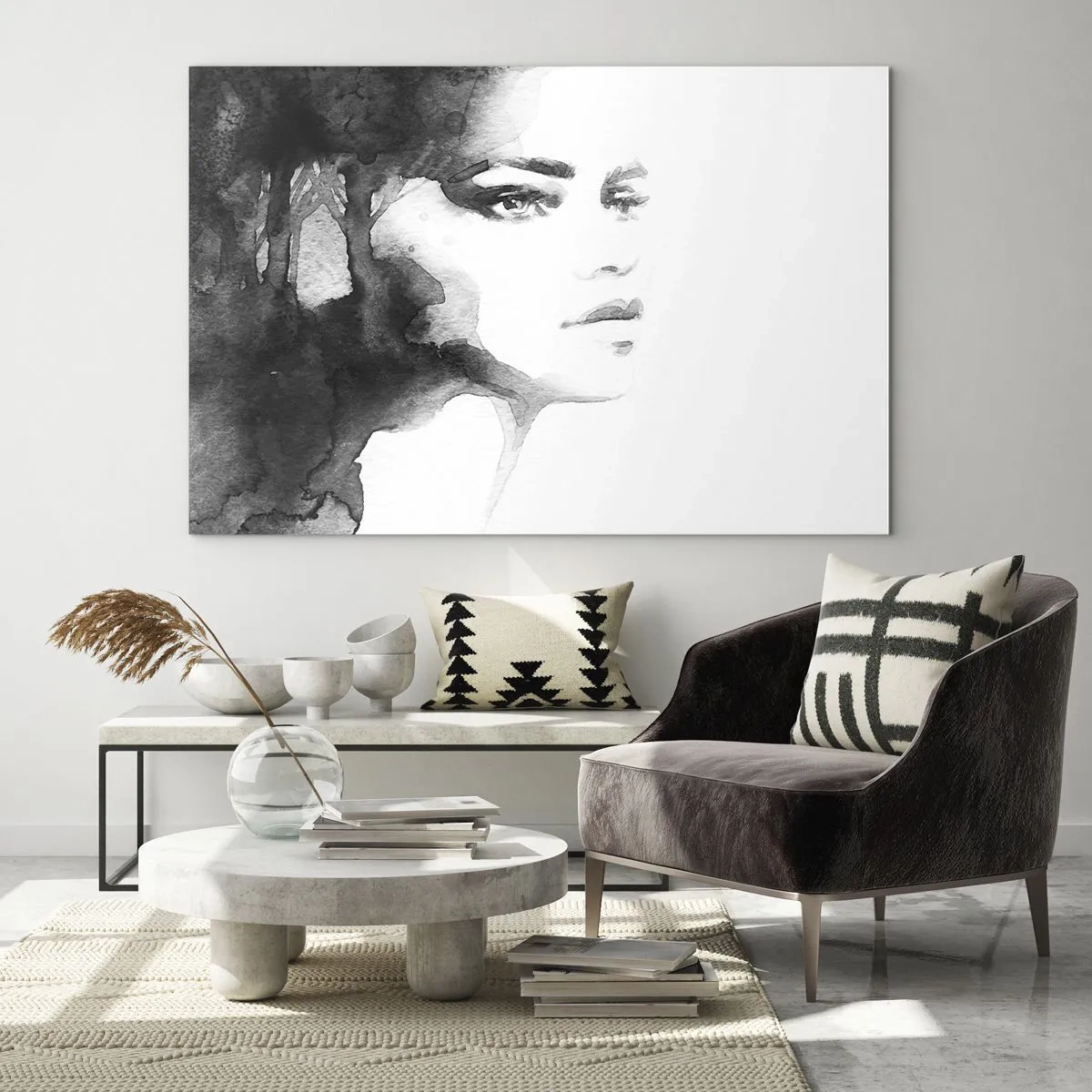 Impression sur verre - Image sur verre - Portrait de femme à l'aquarelle en noir et blanc - 120x80cm - Fait de mystère et de brouillard - Décoration murale moderne pour le salon et la chambre ARTTOR
