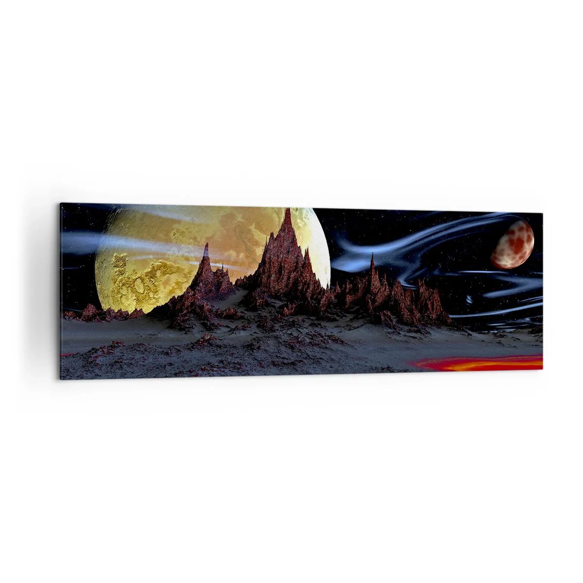 Impression sur toile - Image sur toile - Un paysage fantastique avec des planètes et des paysages volcaniques - 160x50cm - Monde inconnu - Décoration murale moderne pour le salon et la chambre ARTTOR