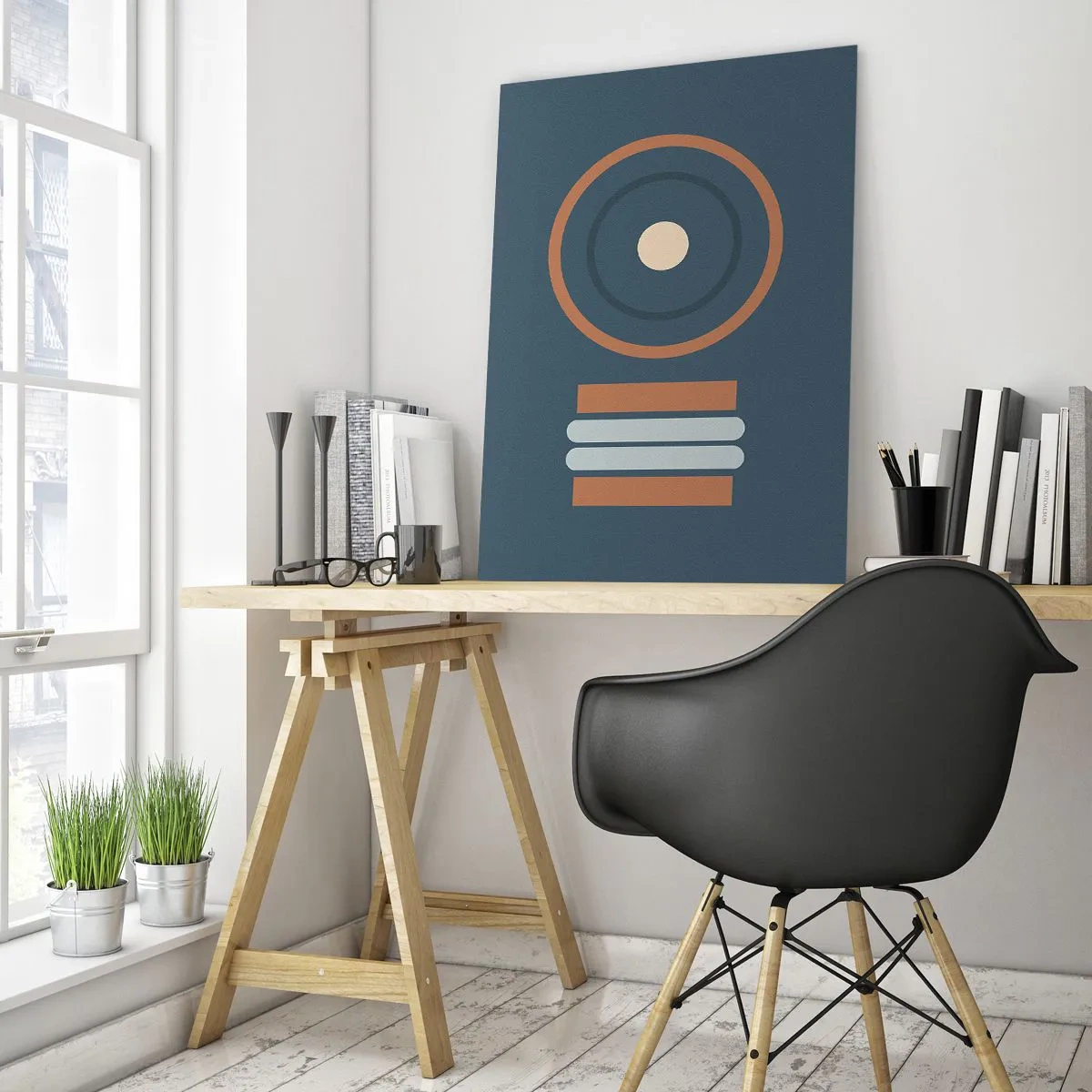 Impression sur verre - Image sur verre - Une composition géométrique avec des cercles et des rectangles aux couleurs sobres. - 70x100cm - Essence des choses - Décoration murale moderne pour le salon et la chambre ARTTOR