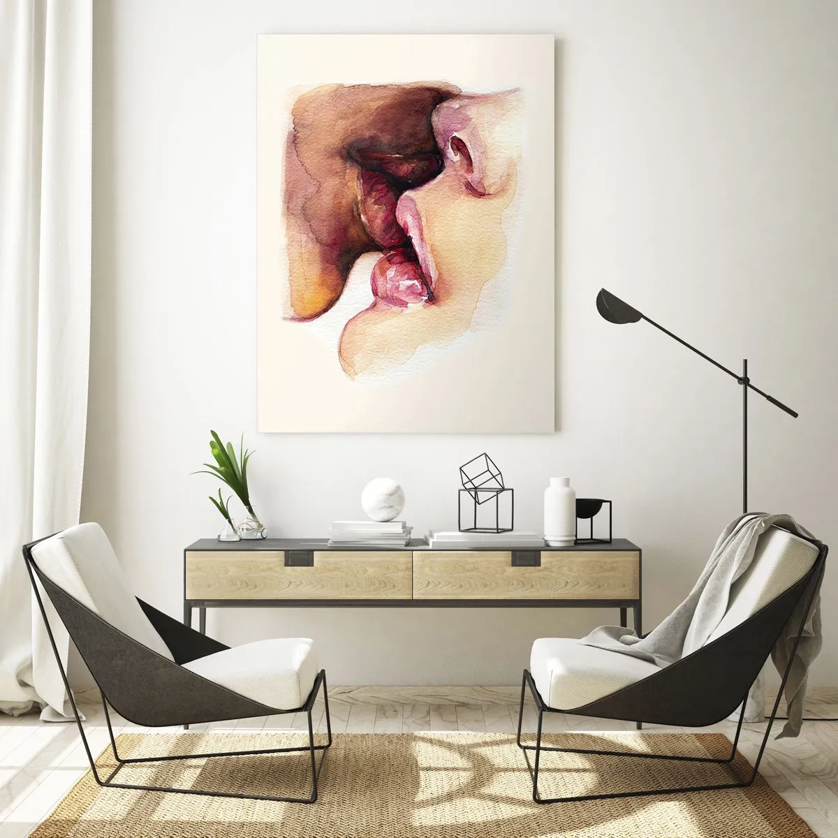 Impression sur verre - Image sur verre - Aquarelle artistique représentant un baiser de deux visages sur fond clair - 50x70cm - Comme le jour et la nuit, la terre et le ciel - Décoration murale moderne pour le salon et la chambre ARTTOR