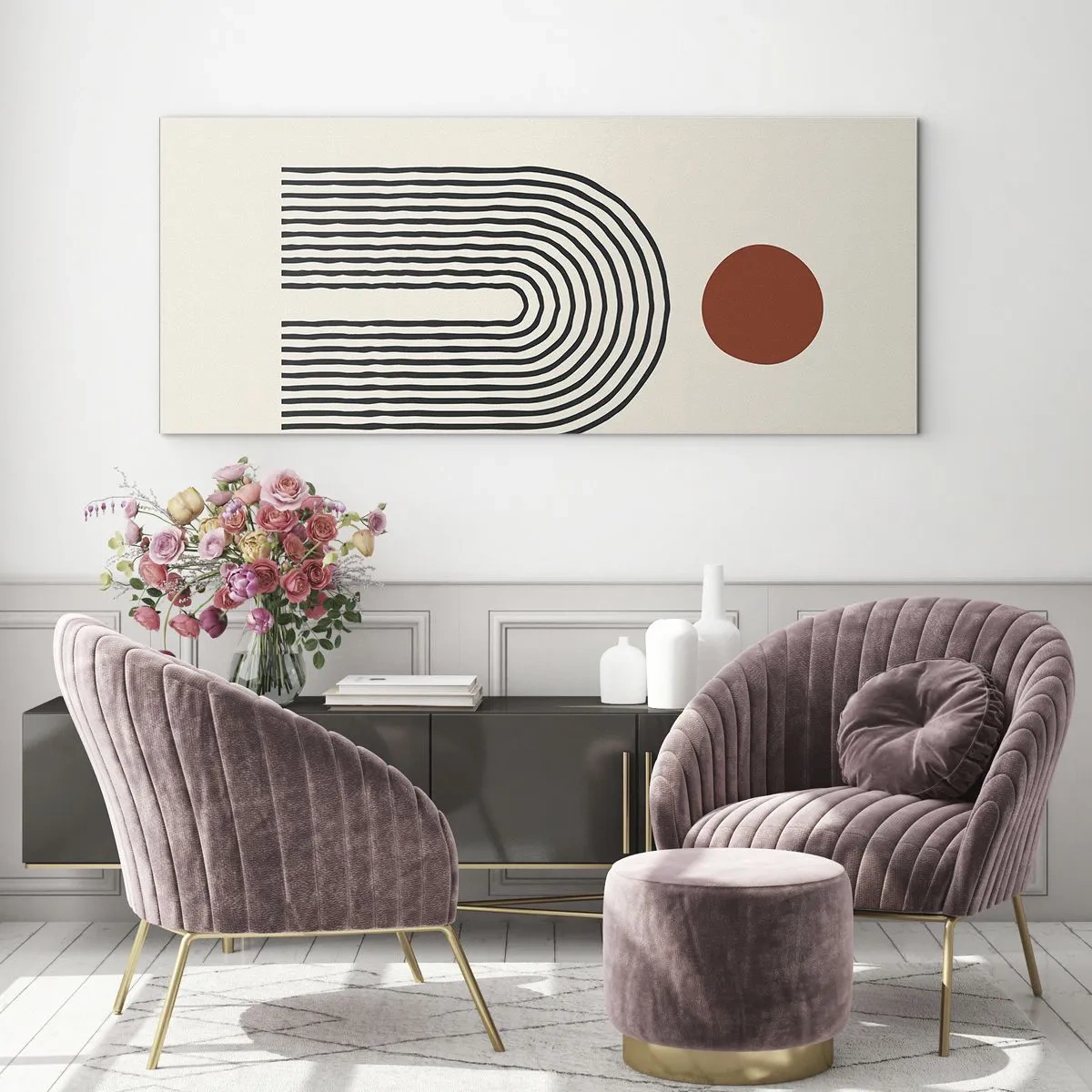 Impression sur verre - Image sur verre - Motif abstrait moderne avec des lignes et un cercle rouge - 120x50cm - Le magnétisme des formes et des couleurs - Décoration murale moderne pour le salon et la chambre ARTTOR