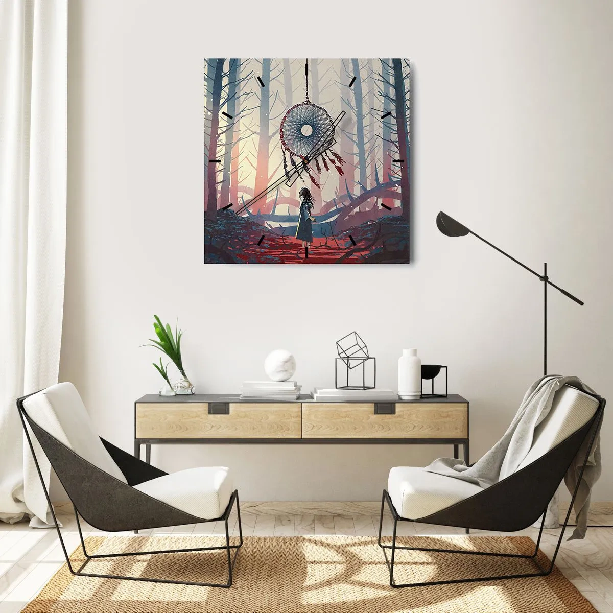 Horloge murale - Pendule murale - Scène de forêt avec un attrape-rêves géant - 30x30cm - Rituel secret du bonheur - Décoration murale moderne pour le salon et la chambre ARTTOR