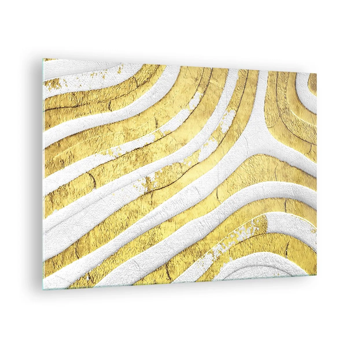 Impression sur verre - Image sur verre - Vagues abstraites dorées et blanches avec un effet texturé - 70x50cm - Composition en blanc et or - Décoration murale moderne pour le salon et la chambre ARTTOR