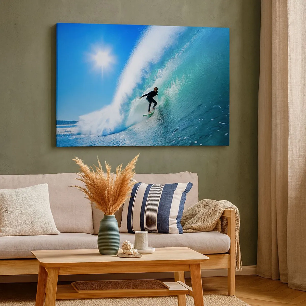 Impression sur toile - Image sur toile - Un surfeur sur une planche chevauche une vague puissante sous un ciel bleu. - 70x50cm - A travers le grand ciel bleu - Décoration murale moderne pour le salon et la chambre ARTTOR