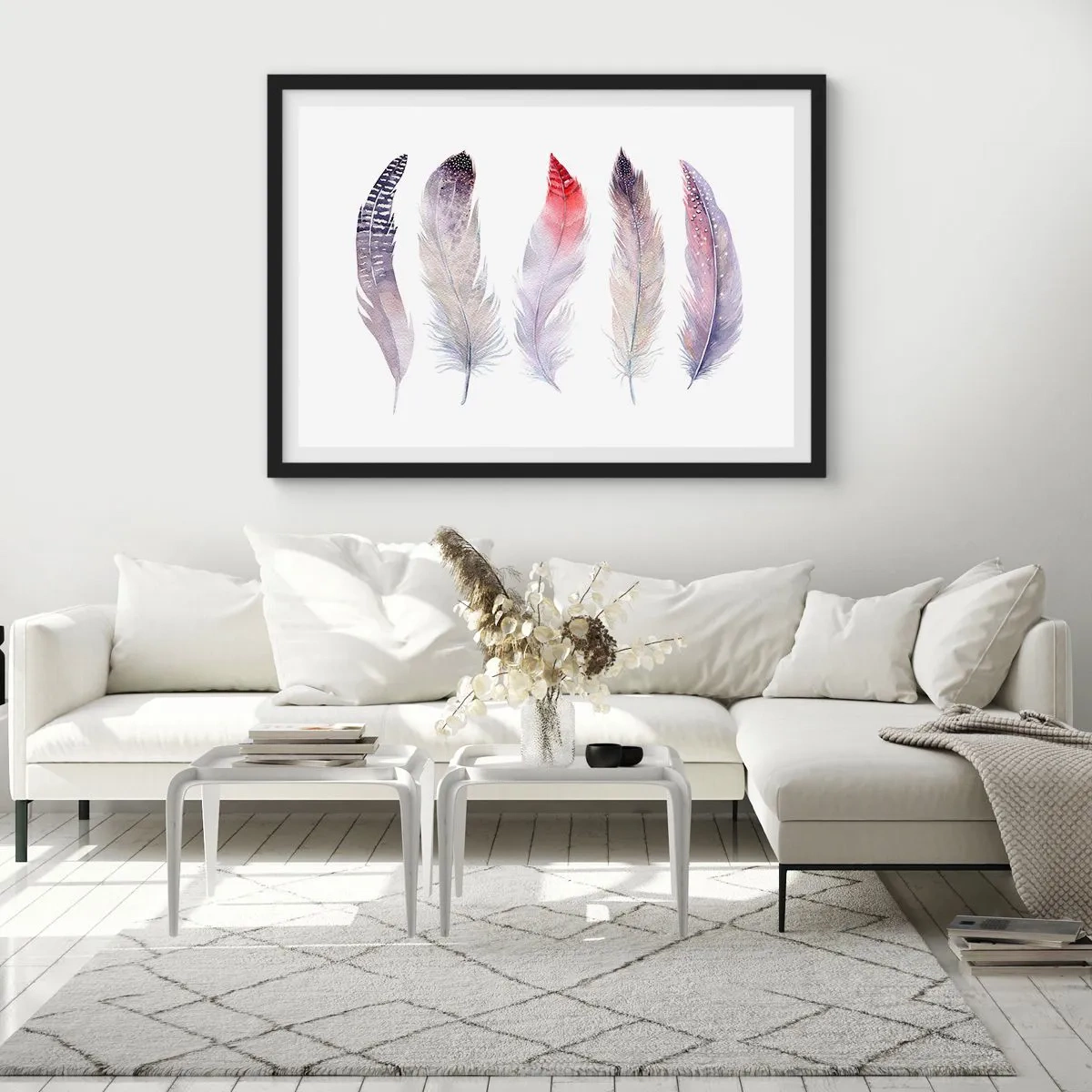 Affiche dans un cadre noir - Poster - Cinq plumes délicates aux tons pastel sur fond clair - 70x50cm - Délicat comme un brouillard multicolore - Décoration murale moderne pour le salon et la chambre ARTTOR