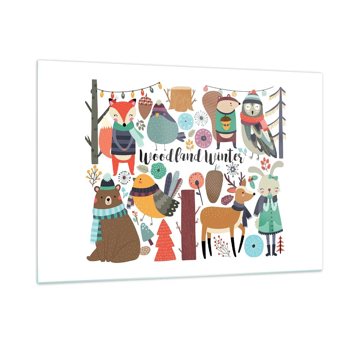 Impression sur verre - Image sur verre - Forêt d'hiver avec des animaux mignons en illustration - 120x80cm - Un monde de conte de fées en forêt - Décoration murale moderne pour le salon et la chambre ARTTOR