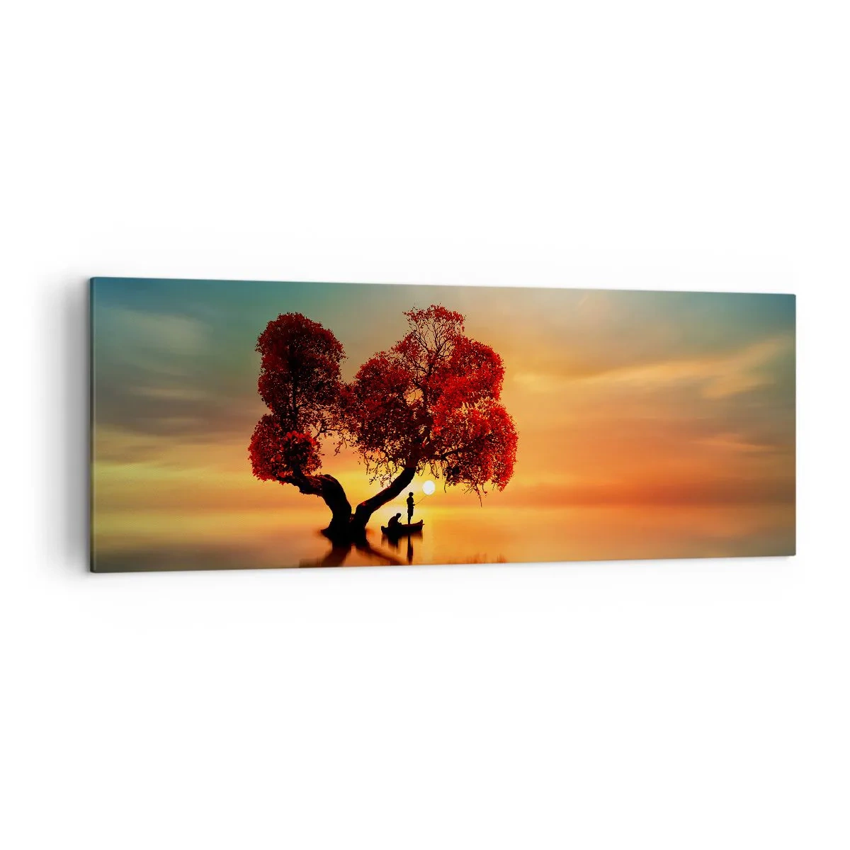 Impression sur toile - Image sur toile - Un arbre à feuilles rouges et un bateau sur l'eau au coucher du soleil - 140x50cm - Plénitude et éloignement sans monde - Décoration murale moderne pour le salon et la chambre ARTTOR