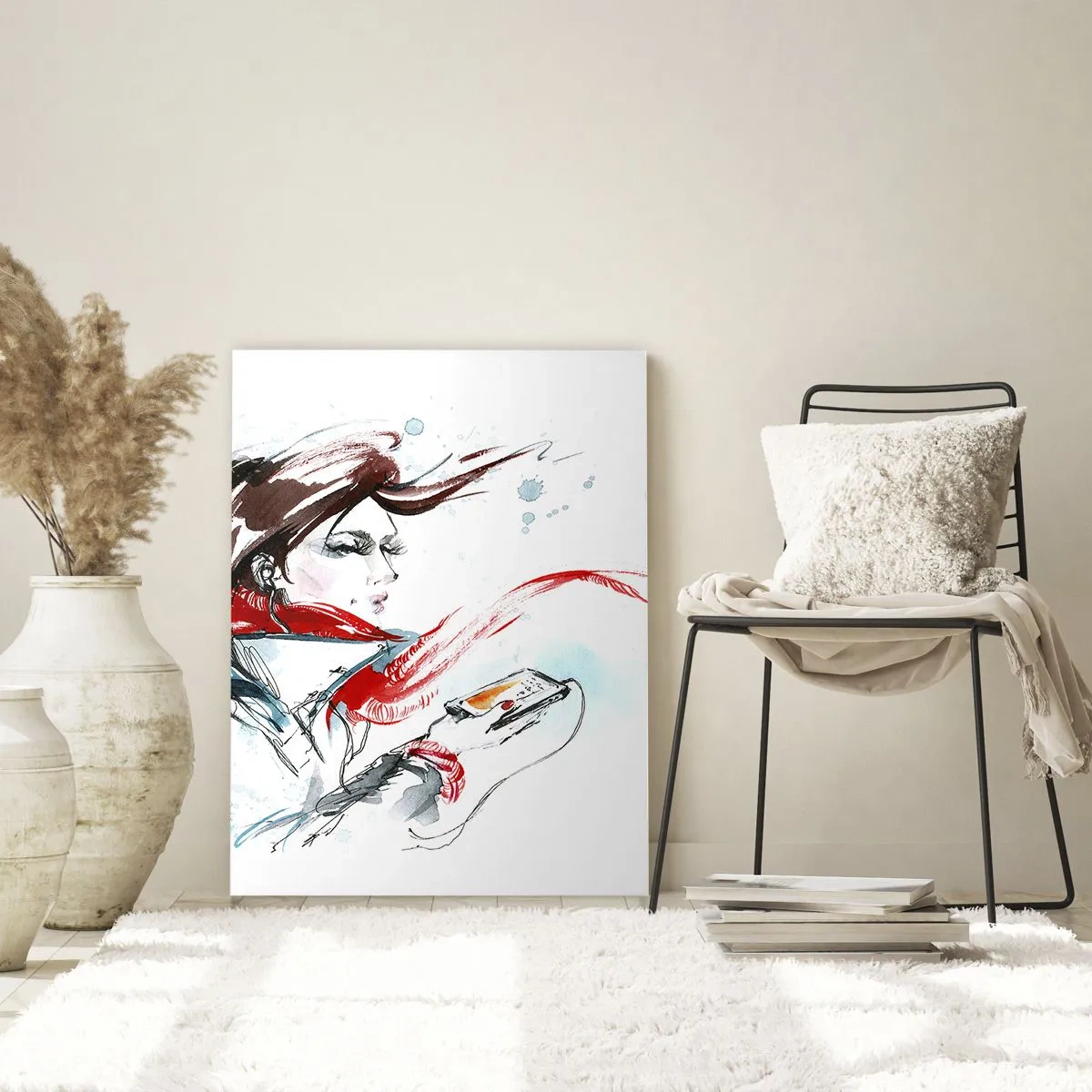 Impression sur verre - Image sur verre - Une femme portant un foulard rouge avec des traits d'aquarelle dynamiques - 80x120cm - Quelque chose se passe en moi - Décoration murale moderne pour le salon et la chambre ARTTOR