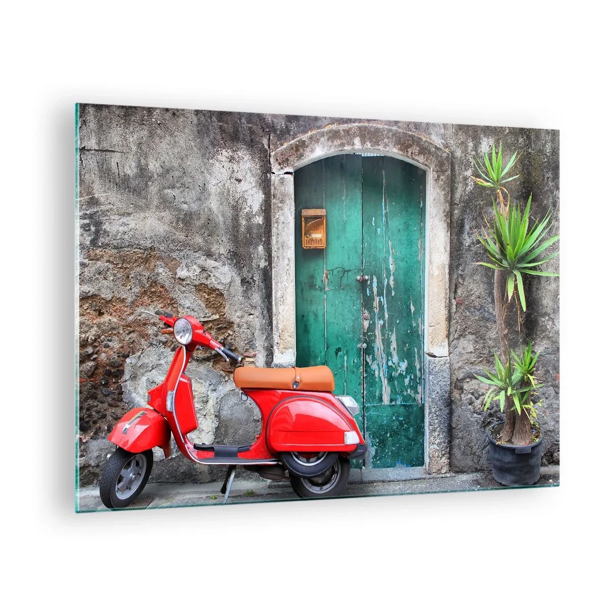 Impression sur verre - Image sur verre - Scooter rouge contre une porte verte - 70x50cm - Vacances italiennes - Décoration murale moderne pour le salon et la chambre ARTTOR