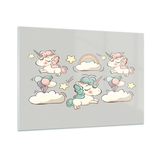 Impression sur verre - Image sur verre - De jolies licornes dans les nuages avec un arc-en-ciel et des ballons - 100x70cm - Ils existe, c'est sûr… - Décoration murale moderne pour le salon et la chambre ARTTOR