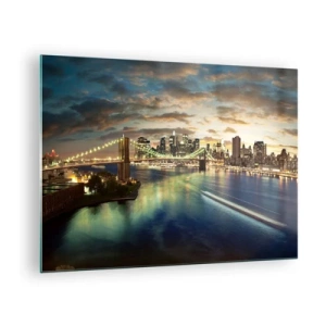 Impression sur verre - Image sur verre - Vue du pont et de la ville au coucher du soleil - 70x50cm - Une soirée lumineuse sur Manhattan - Décoration murale moderne pour le salon et la chambre ARTTOR