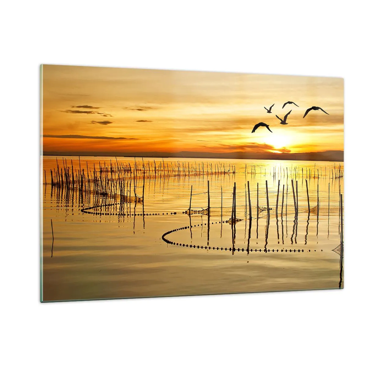Impression sur verre - Image sur verre - Coucher de soleil sur un lac avec des oiseaux et des filets de pêche - 120x80cm - À la pêche - Décoration murale moderne pour le salon et la chambre ARTTOR