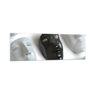 Impression sur verre - Image sur verre - Masques noirs et blancs sur fond clair - 160x50cm - Comment se démarquer ? - Décoration murale moderne pour le salon et la chambre ARTTOR