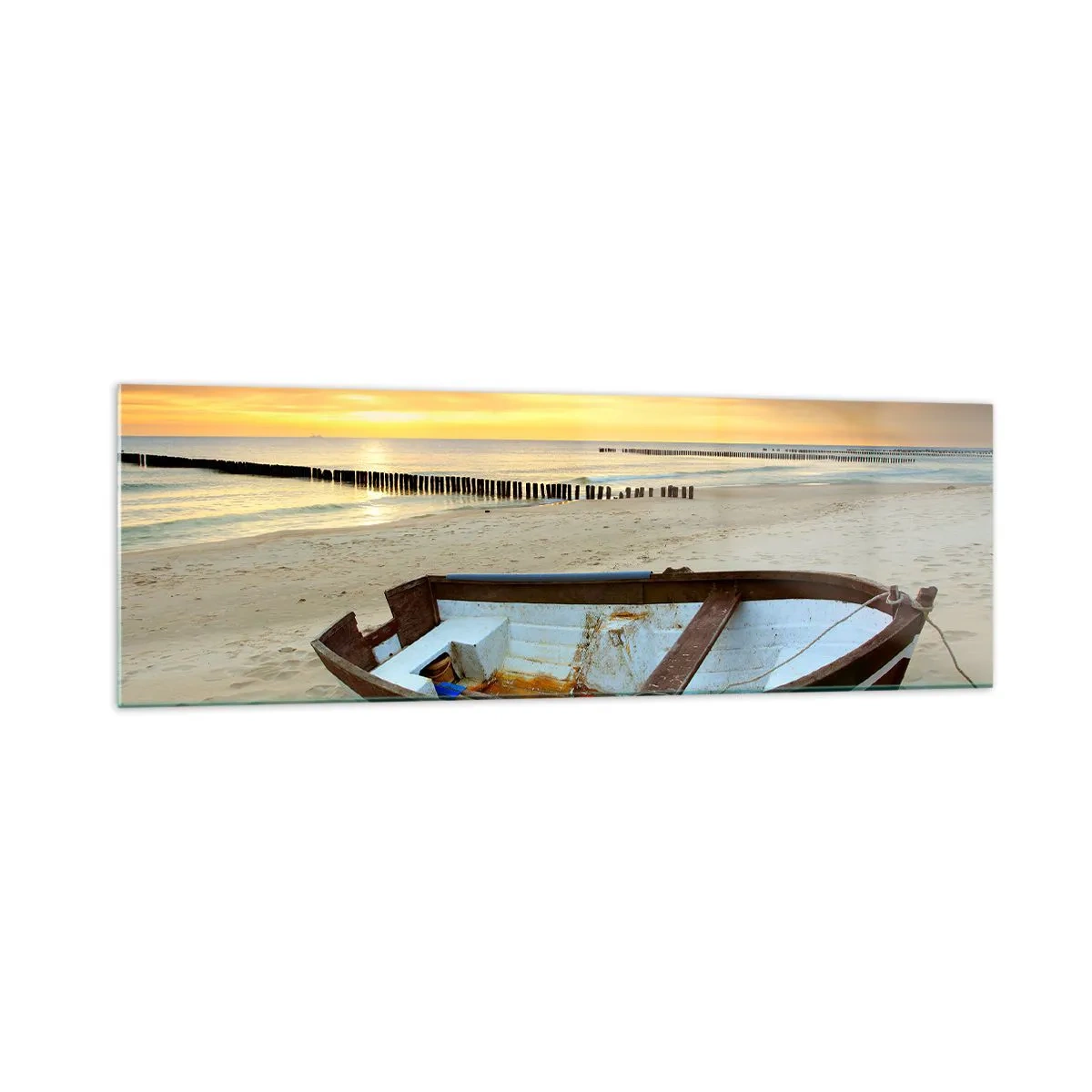 Impression sur verre - Image sur verre - Un bateau sur une plage de sable au coucher du soleil - 160x50cm - Il n'y a pas de plus belles plages - Décoration murale moderne pour le salon et la chambre ARTTOR