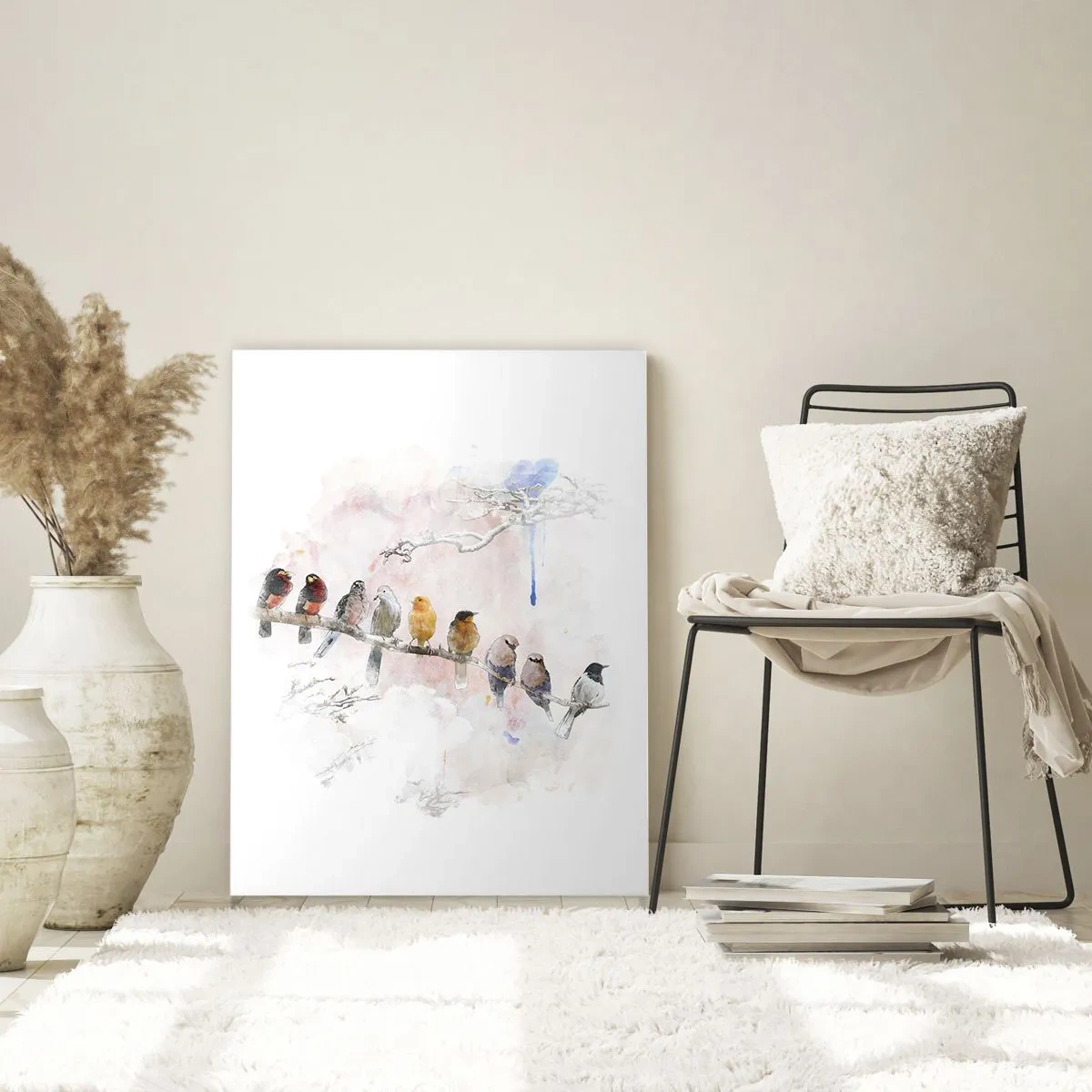 Impression sur verre - Image sur verre - Oiseaux colorés sur une branche dans un style aquarelle - 80x120cm - Rencontre ailée - Décoration murale moderne pour le salon et la chambre ARTTOR