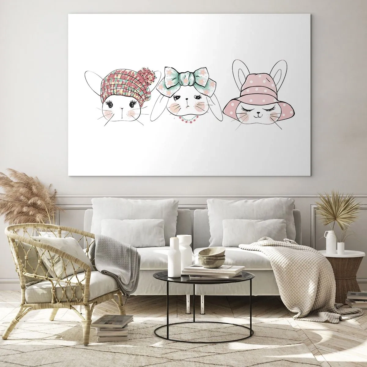 Impression sur verre - Image sur verre - Des lapins mignons avec des chapeaux et des nœuds - 120x80cm - Pensif, triste, satisfait - Décoration murale moderne pour le salon et la chambre ARTTOR