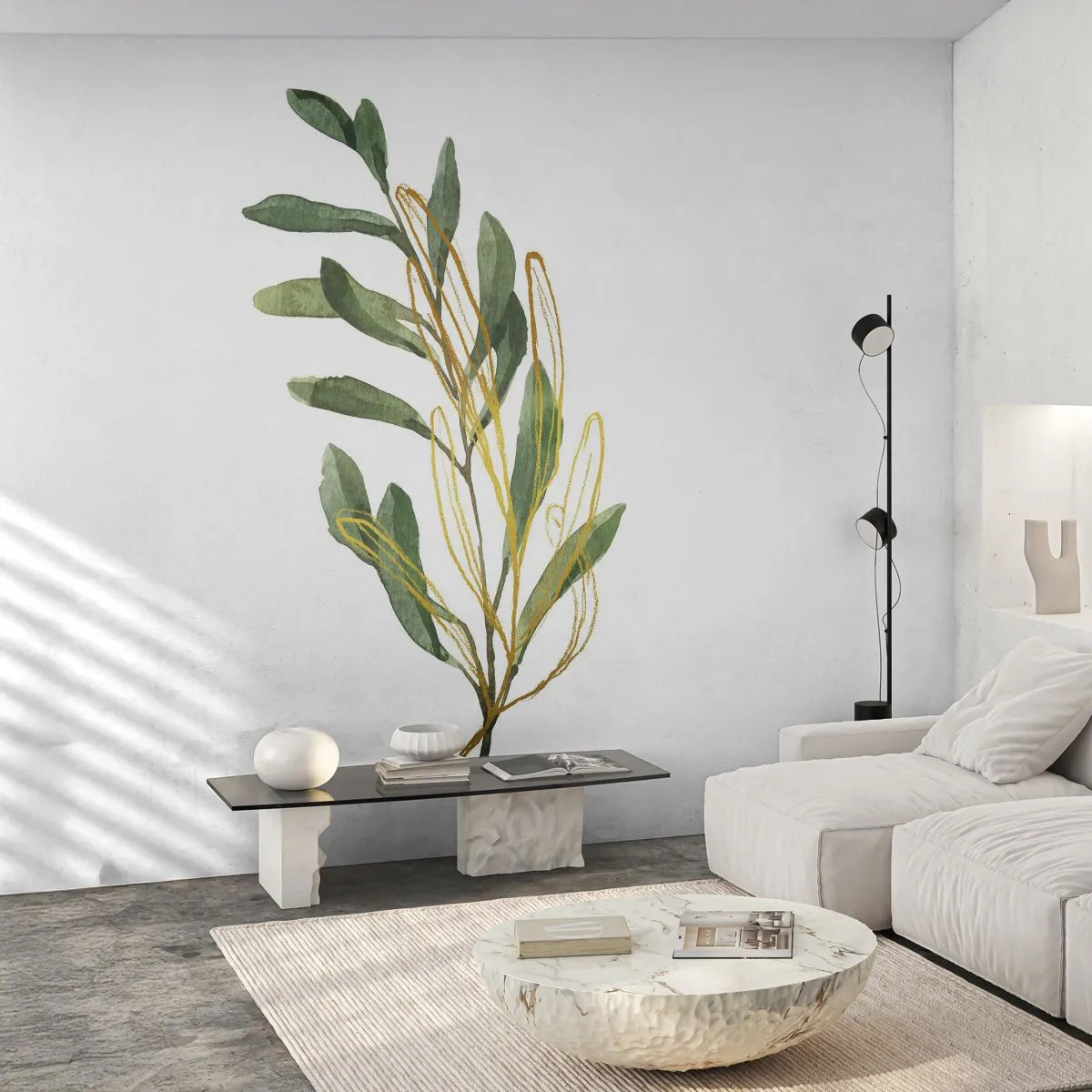 Papier Peint Photo Premium Sand - Branche aquarelle avec des feuilles vertes et un accent doré - 100x70cm - Tout ce qui est bon - Décoration murale moderne pour le salon et la chambre ARTTOR