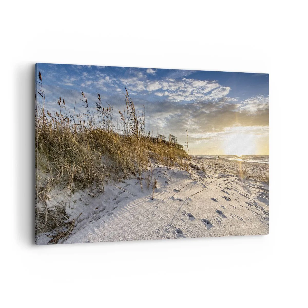 Impression sur toile - Image sur toile - Dunes avec de l'herbe et des empreintes de pas dans le sable au coucher du soleil - 120x80cm - Invitation à la ballade - Décoration murale moderne pour le salon et la chambre ARTTOR