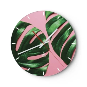 Horloge murale - Pendule murale - Feuilles de monstera vertes sur fond rose - 30x30cm - Rendez-vous vert - Décoration murale moderne pour le salon, la cuisine et la chambre ARTTOR
