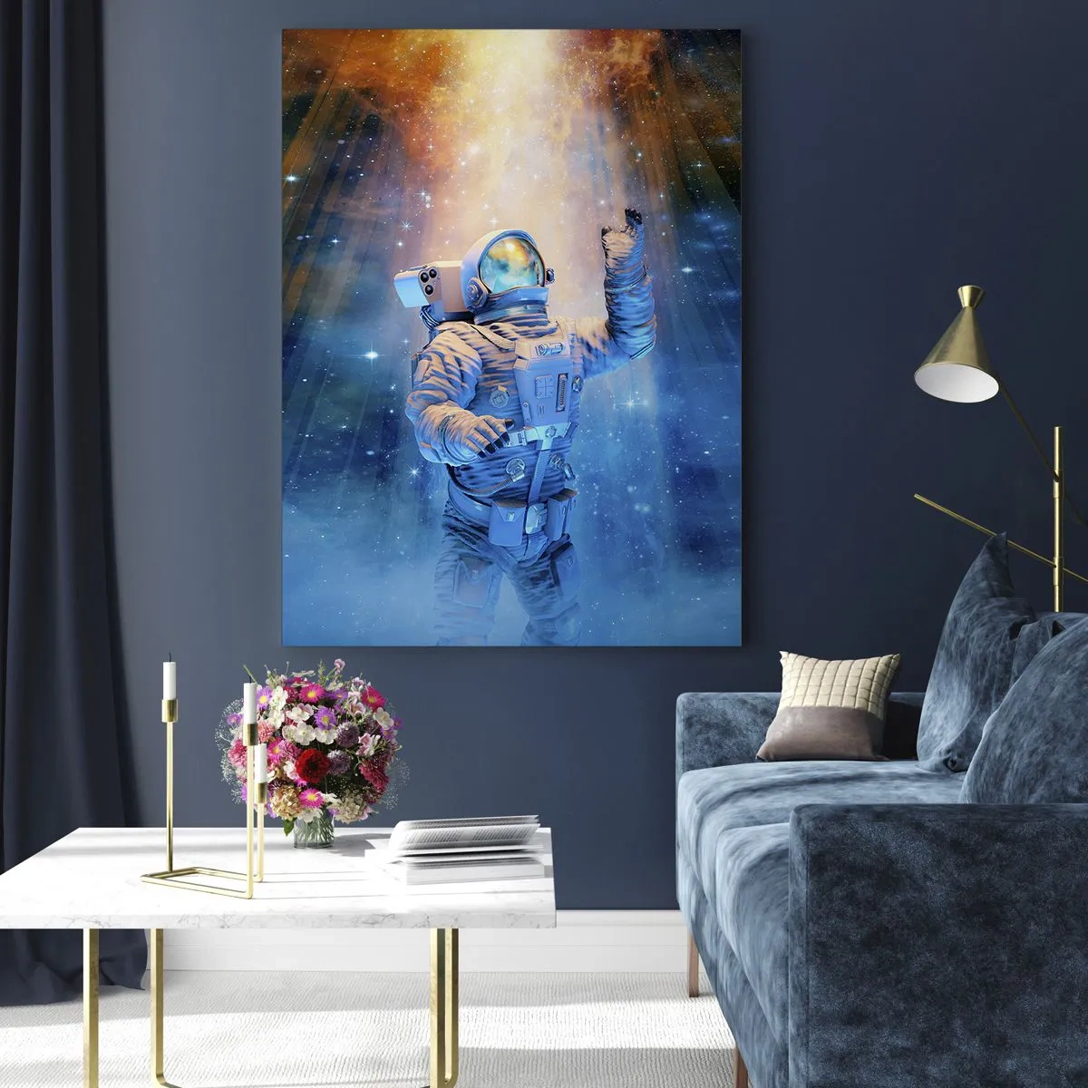 Impression sur verre - Image sur verre - Un astronaute dans l'espace illuminé par des rayons de lumière - 50x70cm - Enfin arrivé - Décoration murale moderne pour le salon et la chambre ARTTOR
