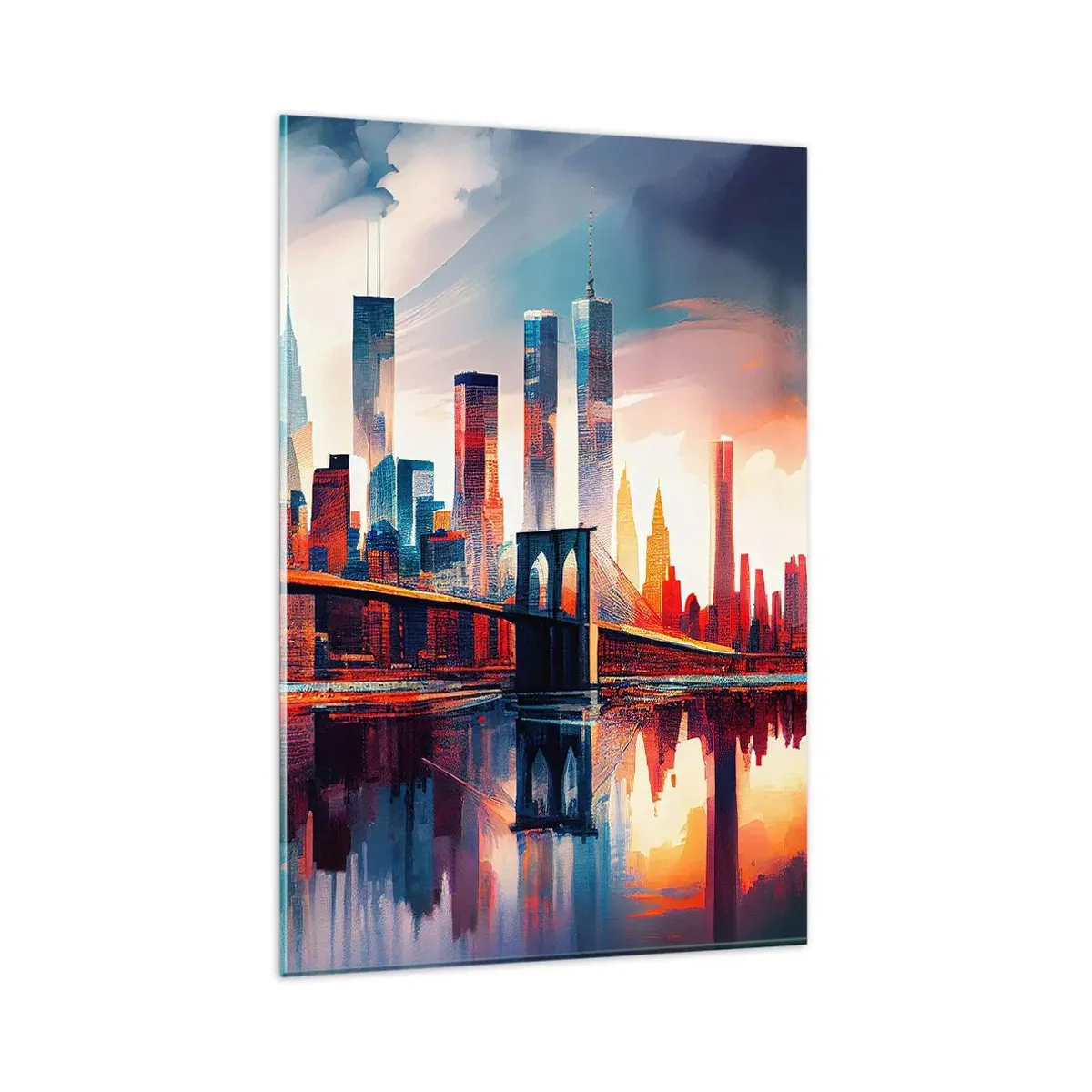 Impression sur verre - Image sur verre - Panorama de la ville de New York avec pont et reflet dans l'eau - 80x120cm - New York onirique - Décoration murale moderne pour le salon et la chambre ARTTOR