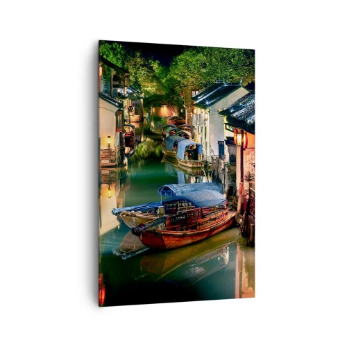 Impression sur toile - Image sur toile - Vue nocturne des canaux avec bateaux et maisons traditionnels - 80x120cm - Soirée dans une rue chinoise - Décoration murale moderne pour le salon et la chambre ARTTOR