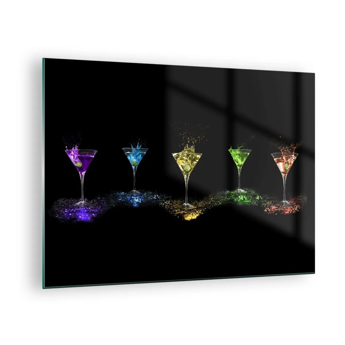 Impression sur verre - Image sur verre - Boissons colorées dans des verres sur fond noir - 70x50cm - Couleurs de joie en verre de cristal - Décoration murale moderne pour le salon et la chambre ARTTOR