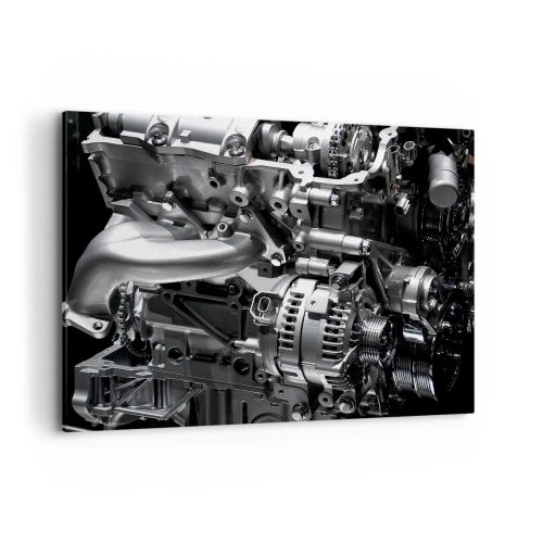 Impression sur toile - Image sur toile - Gros plan de pièces de moteur en métal sur fond noir - 100x70cm - Acier, beau, fort - Décoration murale moderne pour le salon et la chambre ARTTOR
