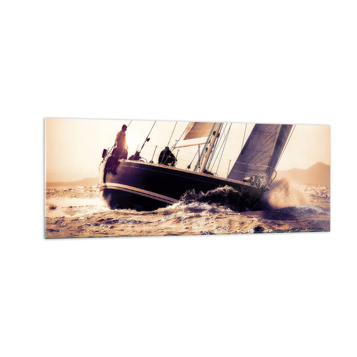 Impression sur verre - Image sur verre - Un yacht sur une mer agitée à la lumière du soleil couchant - 140x50cm - Navigue, marin - Décoration murale moderne pour le salon et la chambre ARTTOR