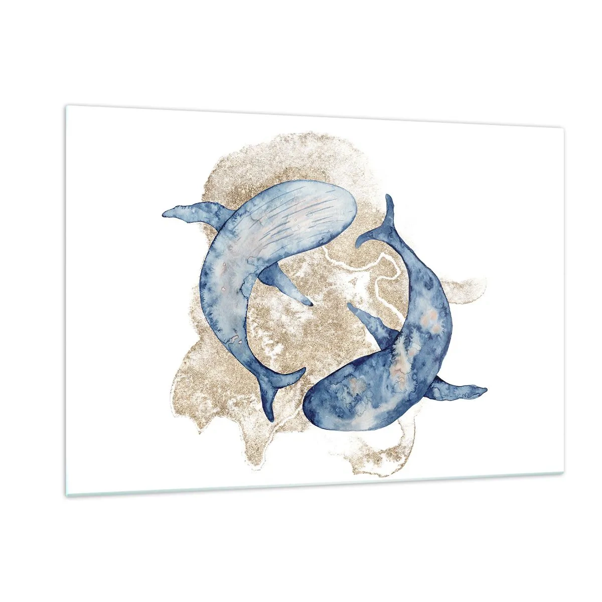 Impression sur verre - Image sur verre - Deux baleines bleues sur un fond de taches dorées abstraites - 120x80cm - Amis ou amoureux? - Décoration murale moderne pour le salon et la chambre ARTTOR