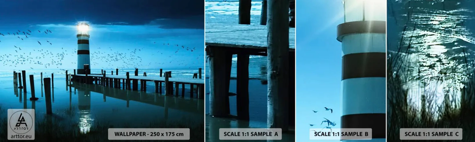 Échantillon De Papier Peint Standard Eco - Et tu n'as pas peur du noir - Paysage, Phare, Pont de bois - 100x30 cm