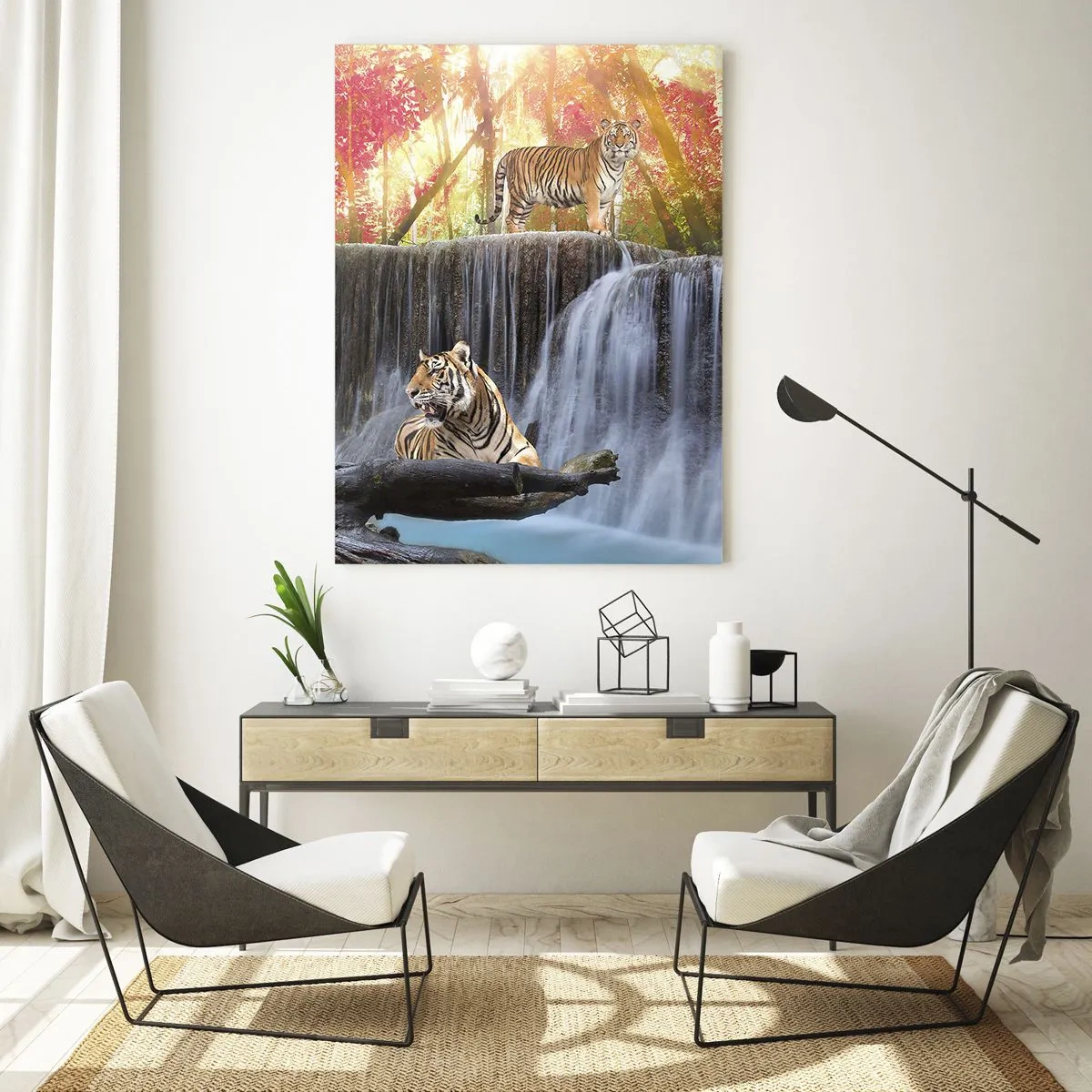 Impression sur verre - Image sur verre - Tigres près d'une cascade dans la forêt d'automne - 70x100cm - Paysage surréaliste - Décoration murale moderne pour le salon et la chambre ARTTOR